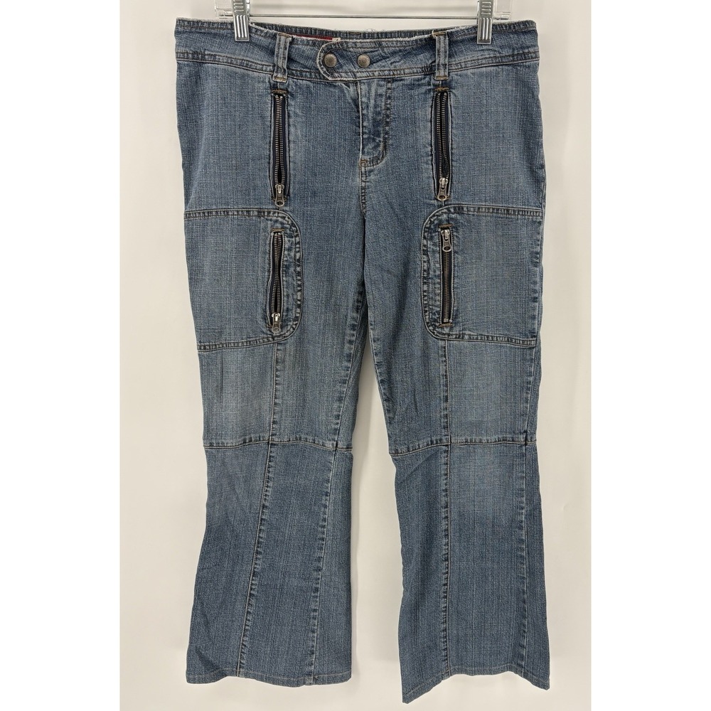 Y2K Guess Jeans Women 30X29 Low Rise Flare Cargo Moto Zip Pockets Punk Rave